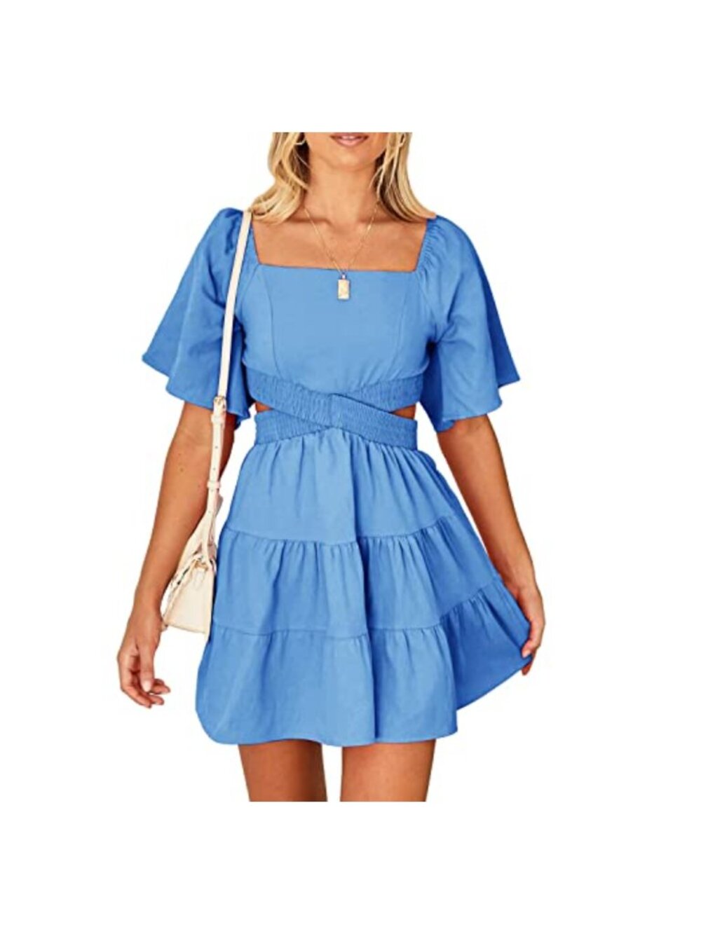 100% Cotton A-Line Mini Dress Square Neck Cutout Crossover Waist Tiered Ruffle